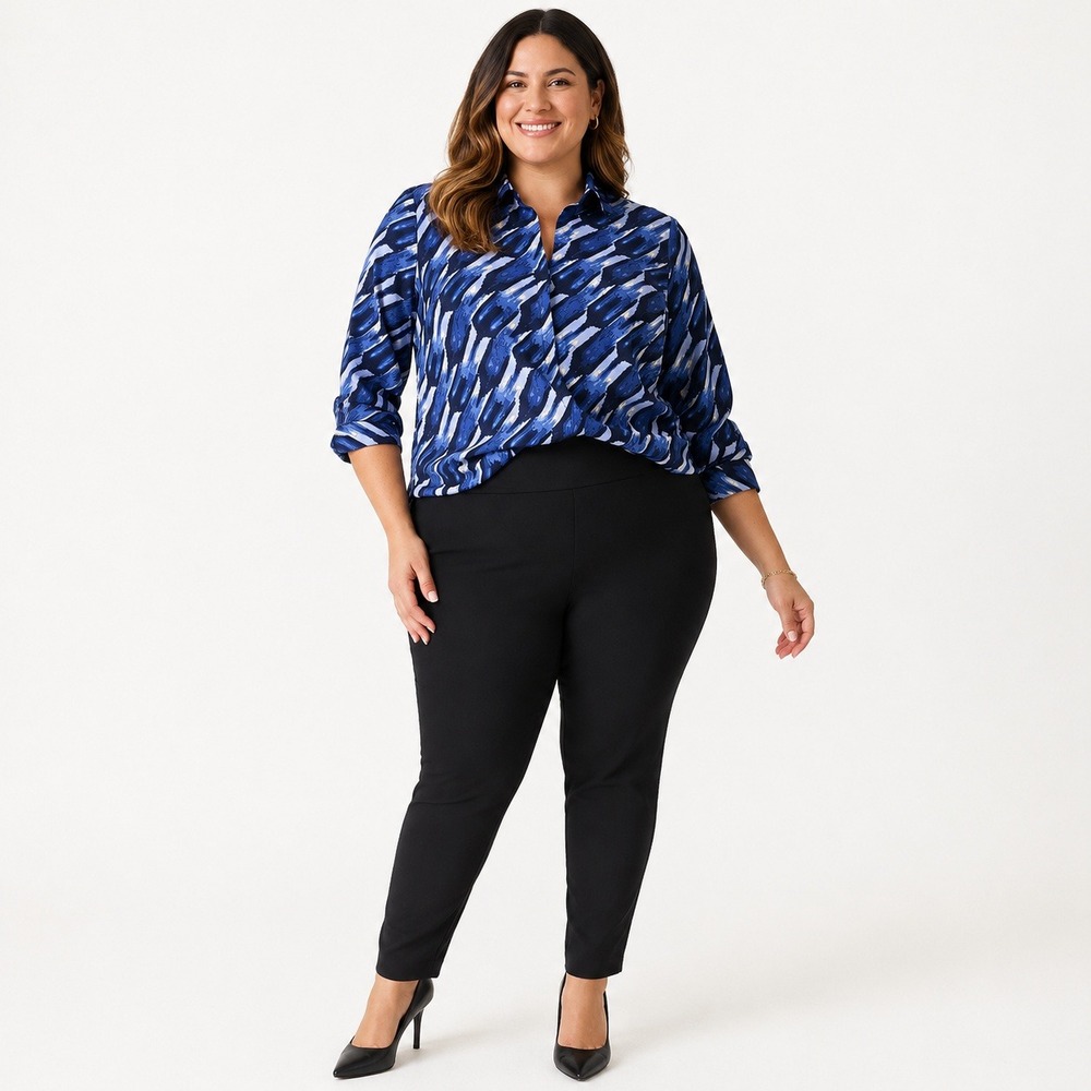 NIC+ZOE Painted Blues Button-Up Shirt Size 3X Abstract Brushstroke V-Neck Long